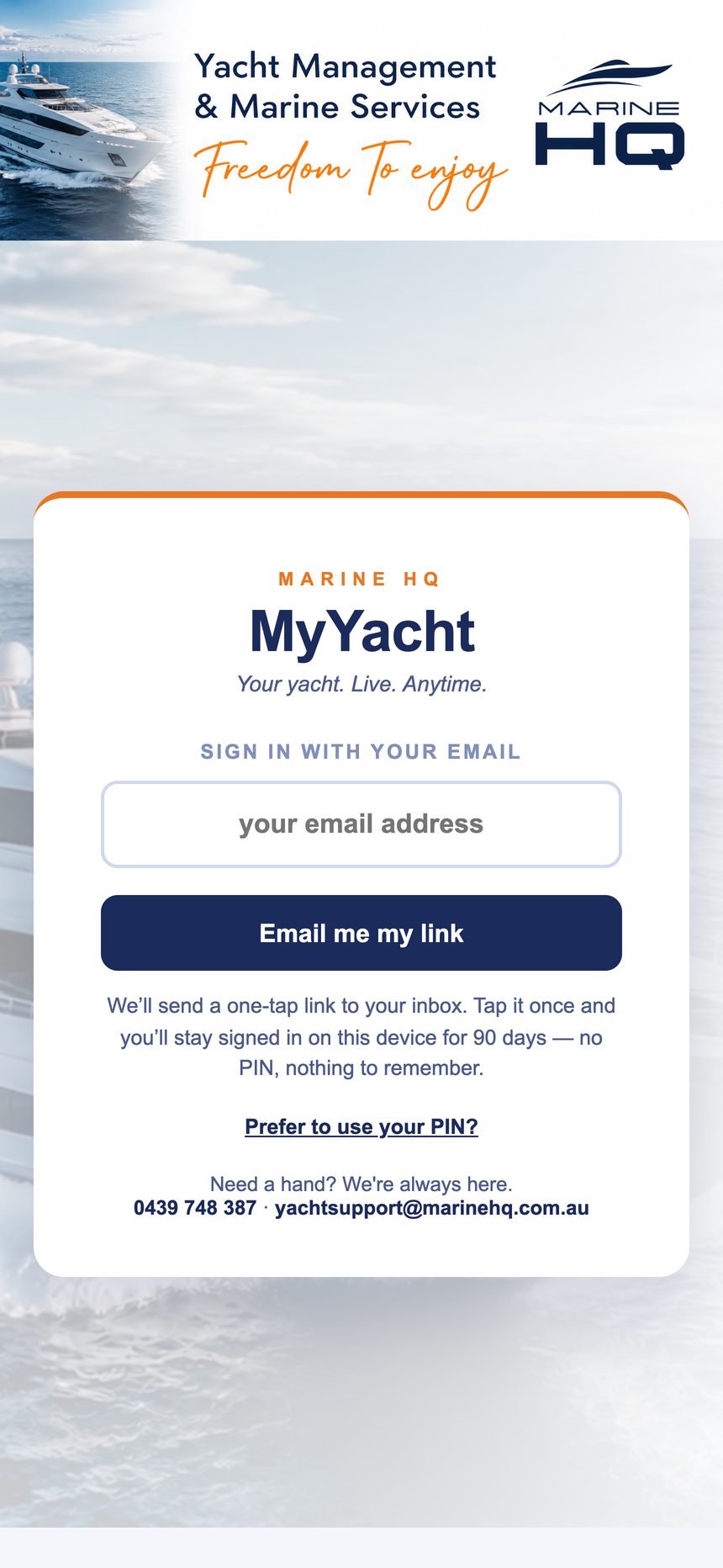 MyYacht sign-in screen: email me my link