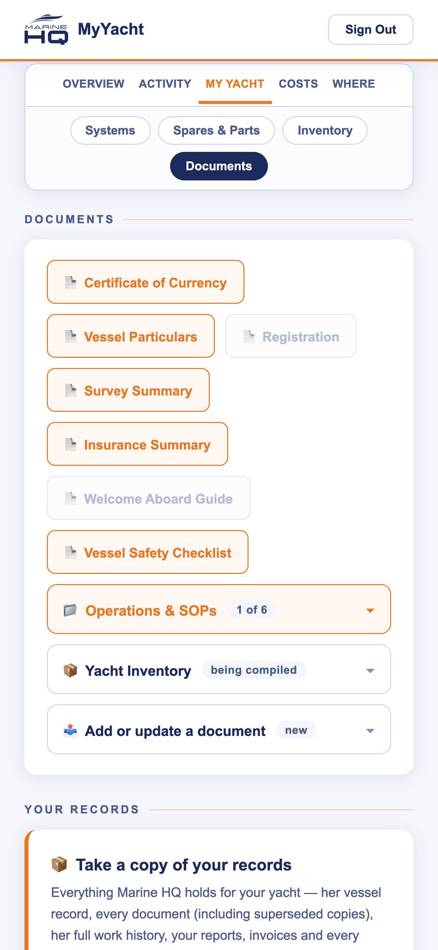 Documents screen with certificates, particulars and procedures