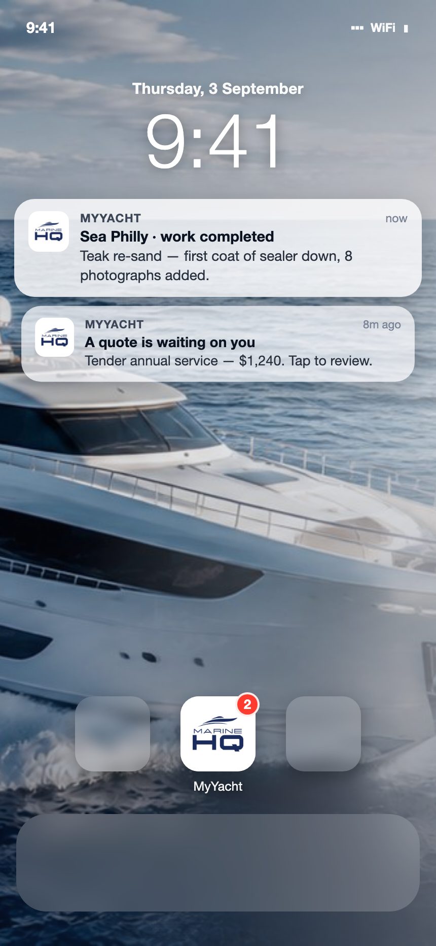 Phone lock screen with two MyYacht notifications: work completed and a quote waiting