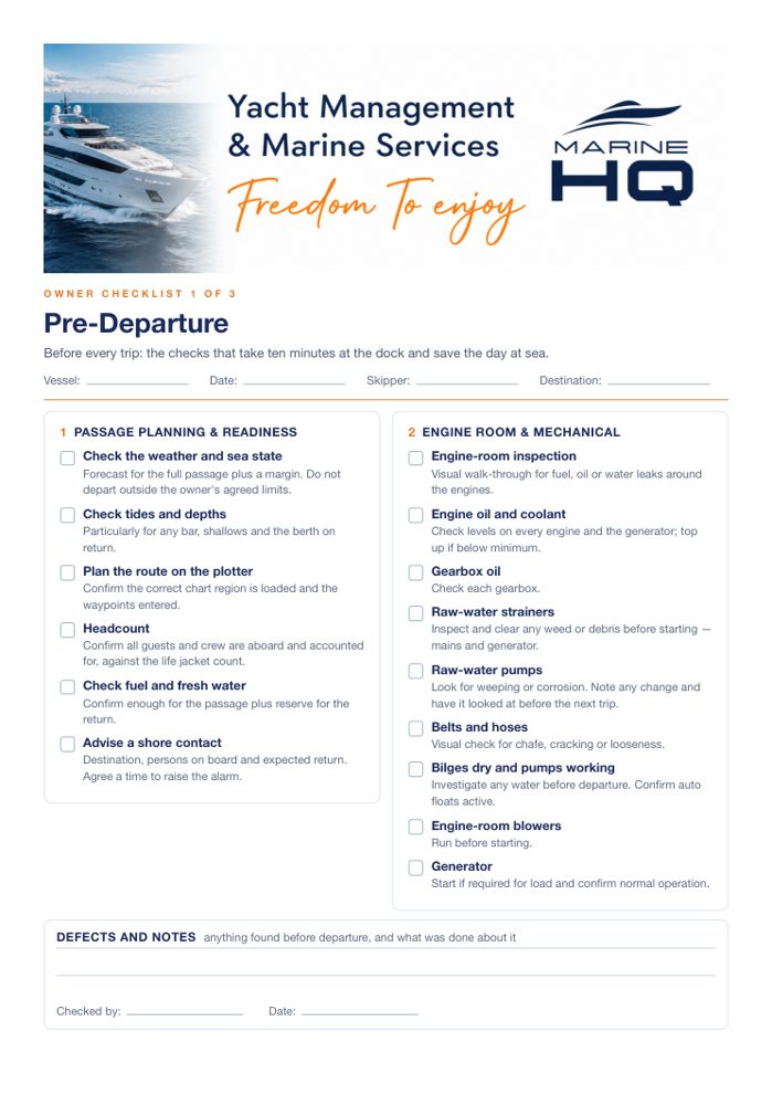 Owner Checklists: Pre-Departure, Stand Down, Wash-Down, first page