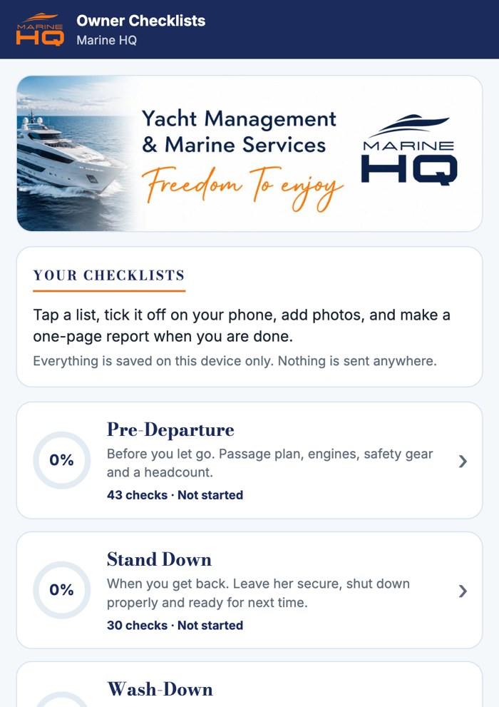 Checklist Dashboards: the four owner checklists on your phone, first page
